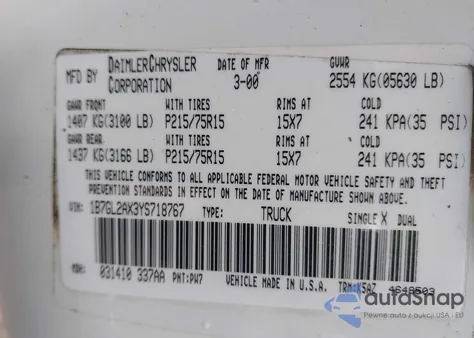 2000 Dodge Dakota Slt/Sport z USA, uszkodzony, nr VIN 1B7GL2AX3YS718767